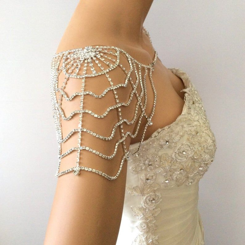 Lanț de umăr cu design geometric și cristale albe, electroplacat pe aliaj de cupru, Heart decoration