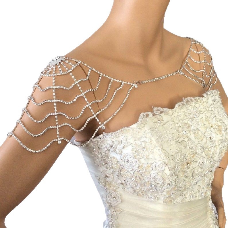 Lanț de umăr cu design geometric și cristale albe, electroplacat pe aliaj de cupru, Heart decoration