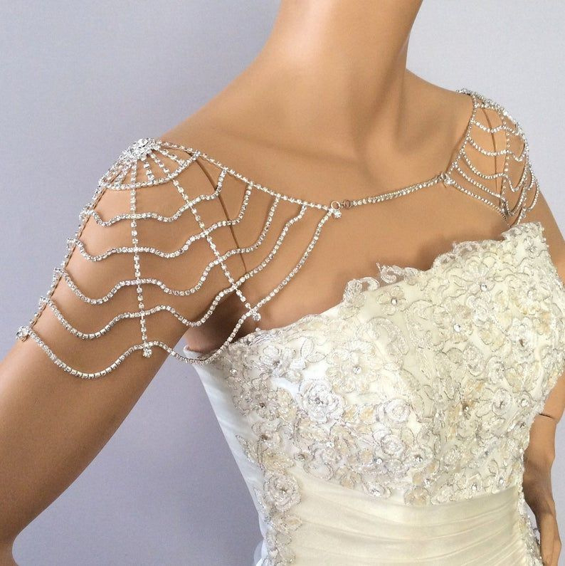 Lanț de umăr cu design geometric și cristale albe, electroplacat pe aliaj de cupru, Heart decoration