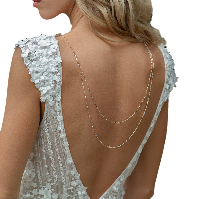 Lanț corporal de mireasă cu perle și cristale, colier dublu, placare electroplată