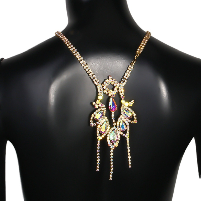 Lanț de spate pentru rochie – Geometrie cu ciucuri, rhinestones, aliaj din cupru, cristale albe, placare electrochimică, personalizabil