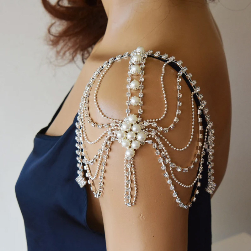 Colier de umăr cu ciucuri de perle, inserție în val din rhinestone, aliaj, placare electroplată