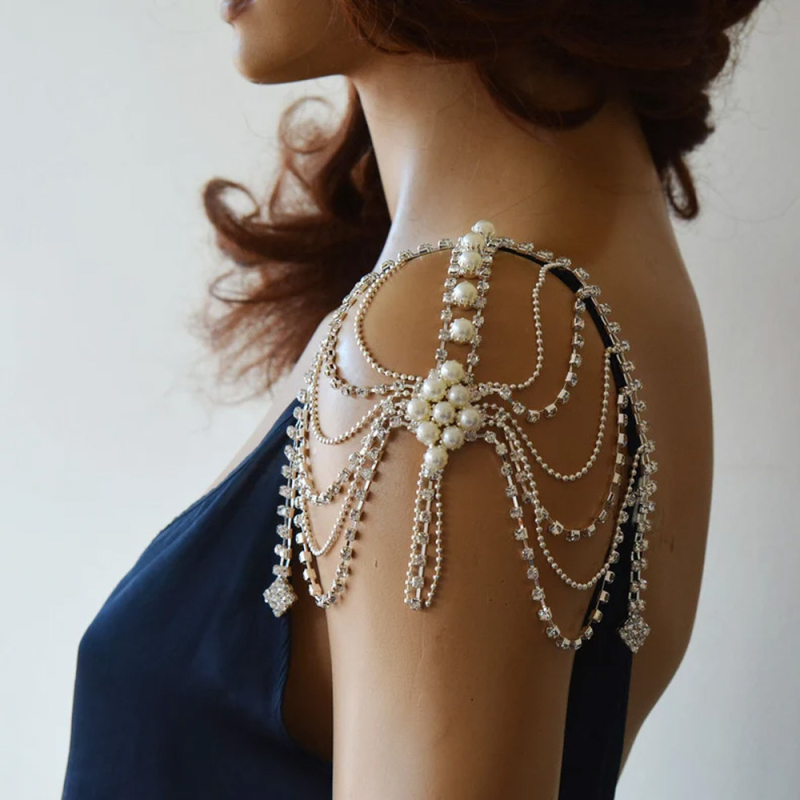 Colier de umăr cu ciucuri de perle, inserție în val din rhinestone, aliaj, placare electroplată