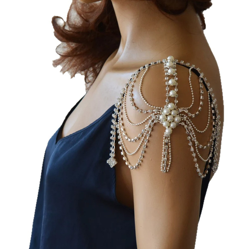 Colier de umăr cu ciucuri de perle, inserție în val din rhinestone, aliaj, placare electroplată