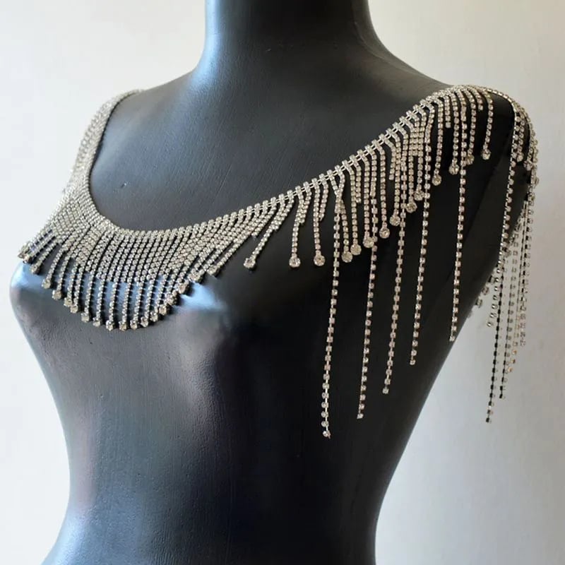 Ramena tijelo lanac s resama, geometrijski dizajn od rhineston-a, elektroplatina, bijeli kristali