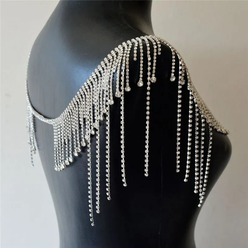 Ramena tijelo lanac s resama, geometrijski dizajn od rhineston-a, elektroplatina, bijeli kristali