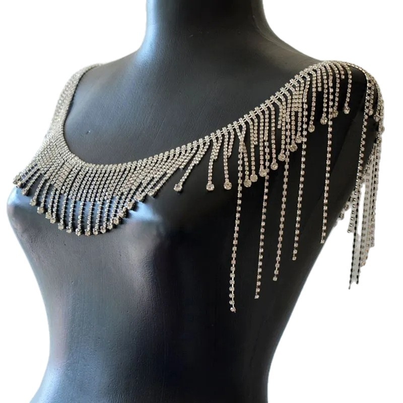 Ramena tijelo lanac s resama, geometrijski dizajn od rhineston-a, elektroplatina, bijeli kristali