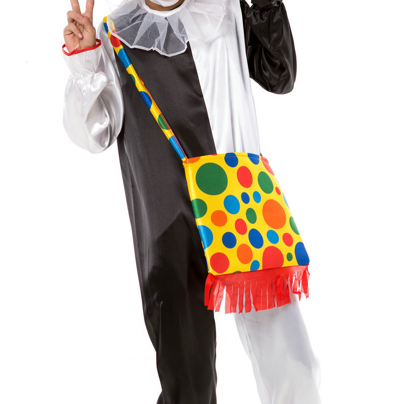 bohóc jelmez hátizsák, vászon anyagból, varrott kivitel, smink- és ruházati rekvizit