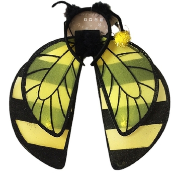 Két darabos gyermekeknek készült jelmezszárnyak, méh- és pillangó motívummal, tollas hátfal, arany poros felülettel