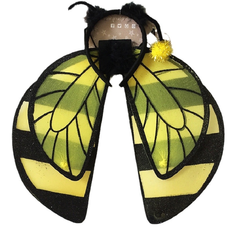 Két darabos gyermekeknek készült jelmezszárnyak, méh- és pillangó motívummal, tollas hátfal, arany poros felülettel