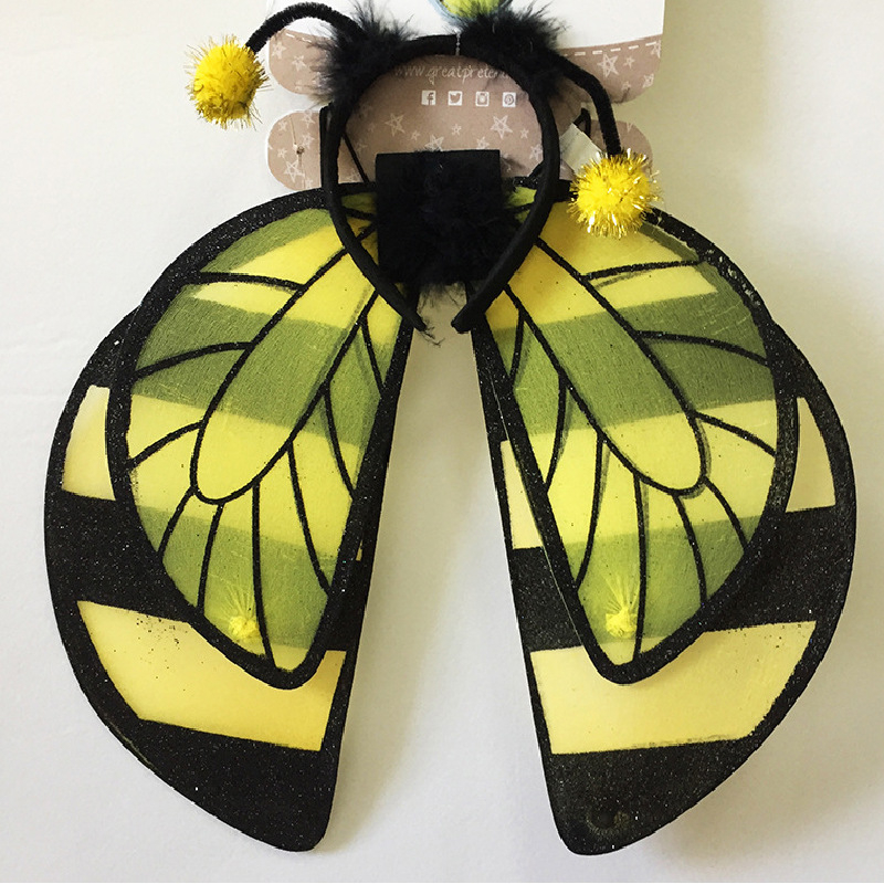 Két darabos gyermekeknek készült jelmezszárnyak, méh- és pillangó motívummal, tollas hátfal, arany poros felülettel