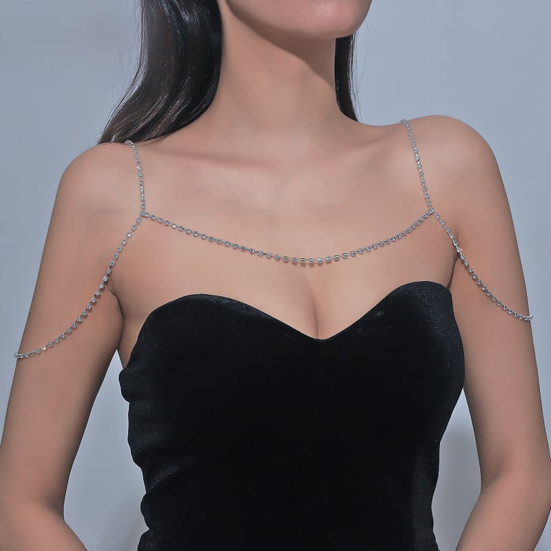 Női válllánc — rhinestones, ötvözetbe foglalt mesterséges kövek, fehér kristály, elektroplakálás