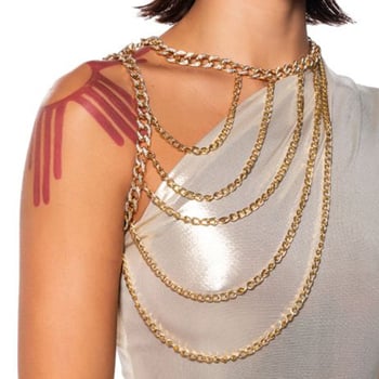 Női testlánc ötvözetből, geometriai dizájn, fehér kristályokkal és ötvözetbe foglalt mesterséges kövekkel, elektroplattázott