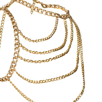 Női testlánc ötvözetből, geometriai dizájn, fehér kristályokkal és ötvözetbe foglalt mesterséges kövekkel, elektroplattázott