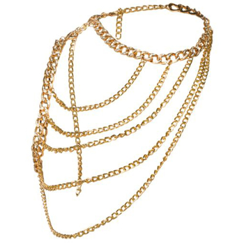 Női testlánc ötvözetből, geometriai dizájn, fehér kristályokkal és ötvözetbe foglalt mesterséges kövekkel, elektroplattázott