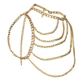 Női testlánc ötvözetből, geometriai dizájn, fehér kristályokkal és ötvözetbe foglalt mesterséges kövekkel, elektroplattázott