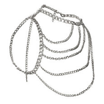 Női testlánc ötvözetből, geometriai dizájn, fehér kristályokkal és ötvözetbe foglalt mesterséges kövekkel, elektroplattázott