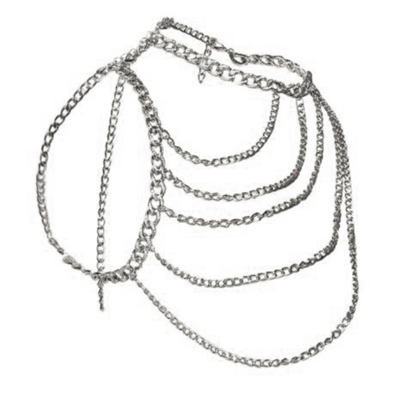 Női testlánc ötvözetből, geometriai dizájn, fehér kristályokkal és ötvözetbe foglalt mesterséges kövekkel, elektroplattázott