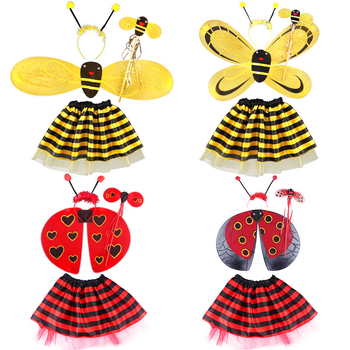 Σετ κοστουμιού με φτερά εντόμου για παιδιά: φτερά με ιμάντες στην πλάτη και φούστα, καλλιτεχνικό καρτούν μοτίο, τριών έως τεσσάρων κομματιών