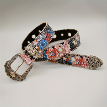 Curea cu imprimeu floral și stras, curea PVC, cataramă din aliaj, închidere cu pin, lățime 2-4 cm