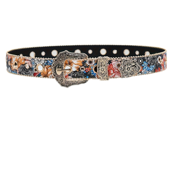 Curea cu imprimeu floral și stras, curea PVC, cataramă din aliaj, închidere cu pin, lățime 2-4 cm