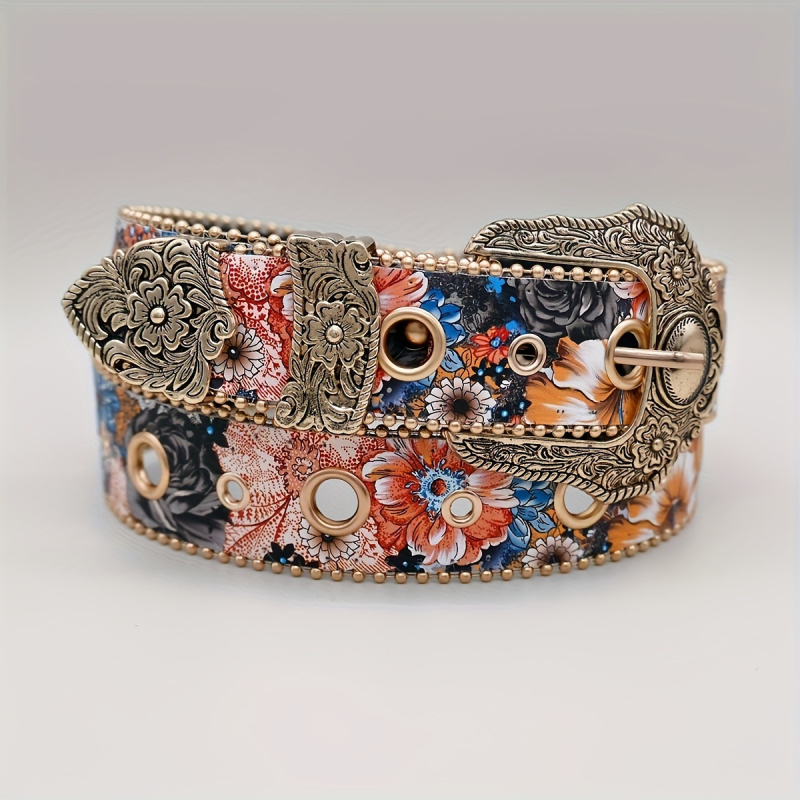 Curea cu imprimeu floral și stras, curea PVC, cataramă din aliaj, închidere cu pin, lățime 2-4 cm