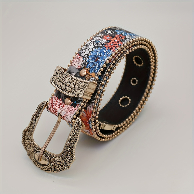 Curea cu imprimeu floral și stras, curea PVC, cataramă din aliaj, închidere cu pin, lățime 2-4 cm