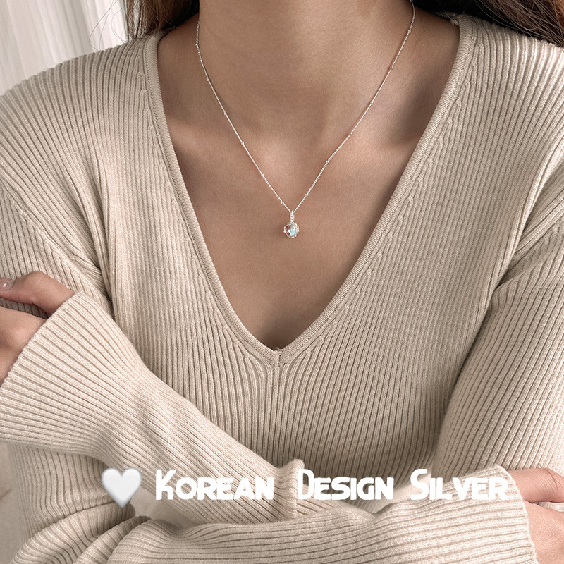 Ogrlica s mjesečevim kamenom, srebro S925, kružni geometrijski privjesak, lanac za ključnu kost, težina 5 g