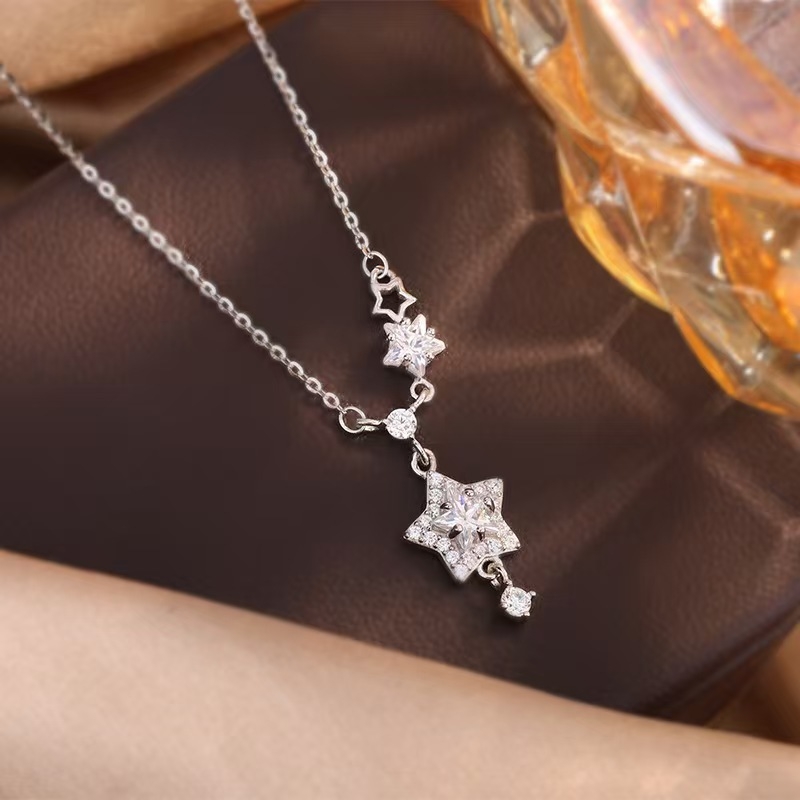 Zvjezdani ogrlica od srebra 925 sa cirkonom, lanac za ključnu kost, lagani luksuz, težina oko 3 g