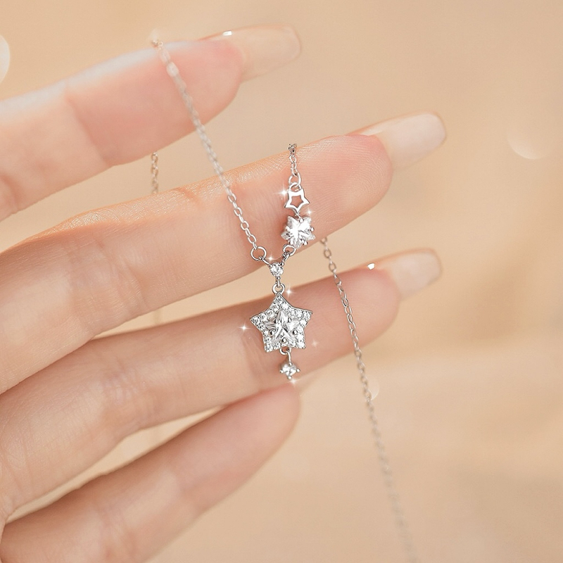 Zvjezdani ogrlica od srebra 925 sa cirkonom, lanac za ključnu kost, lagani luksuz, težina oko 3 g