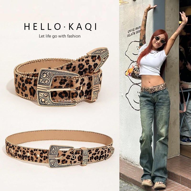 Ženski kaiš s leopardim uzorkom i metalnom graviranom kopčom, retro američki stil, prikladan uz haljinu, suknu ili traperice