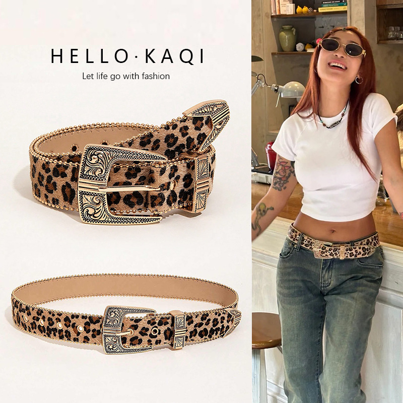Ženski kaiš s leopardim uzorkom i metalnom graviranom kopčom, retro američki stil, prikladan uz haljinu, suknu ili traperice