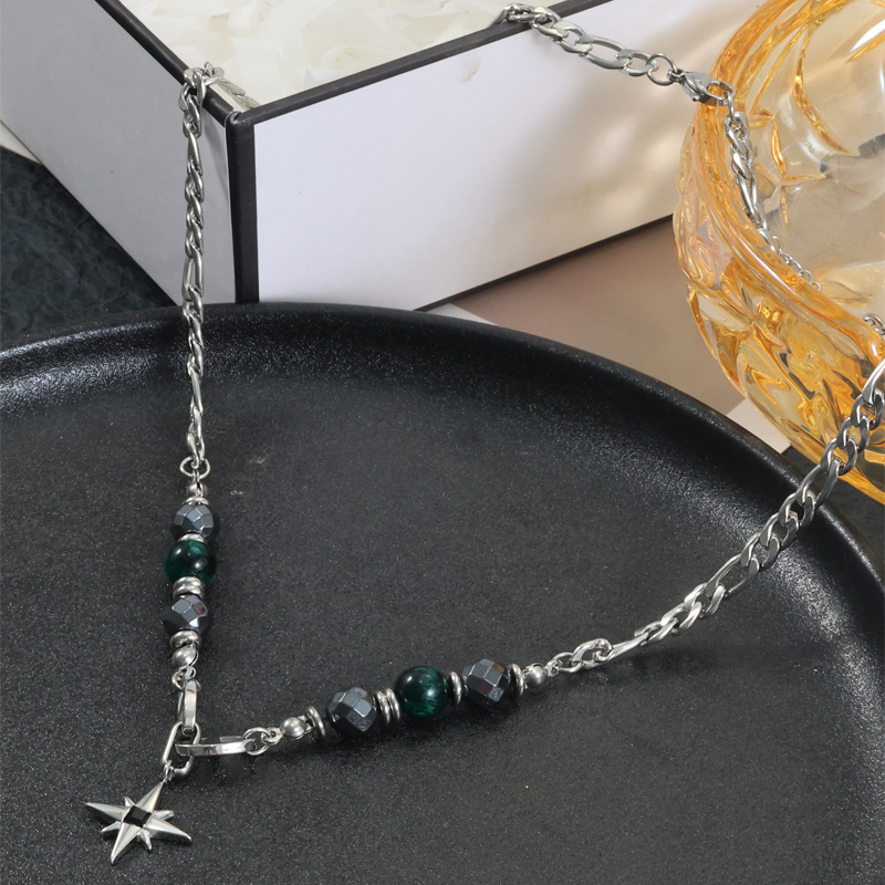 Ogrlica od titan čelika sa bočnim lancem, unisex, motiv osmerokrake zvijezde, geometrijski dizajn, elektroplating