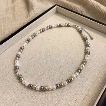 Szürke–fehér üveggyöngyös nyaklánc, koreai stílus, gyöngylánc, medál rozsdamentes acélból, 304-es acél, elektroplattálás