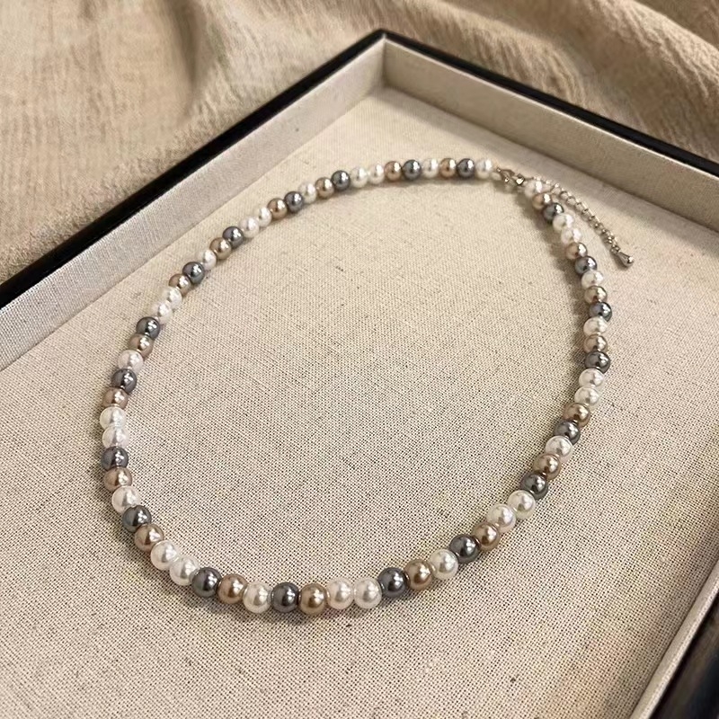 Szürke–fehér üveggyöngyös nyaklánc, koreai stílus, gyöngylánc, medál rozsdamentes acélból, 304-es acél, elektroplattálás