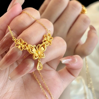 Pillangó, virág és vízcsepp nyaklánc réz medállal, szabványos lánccal, körméret 51–60 cm, elektroplakálás