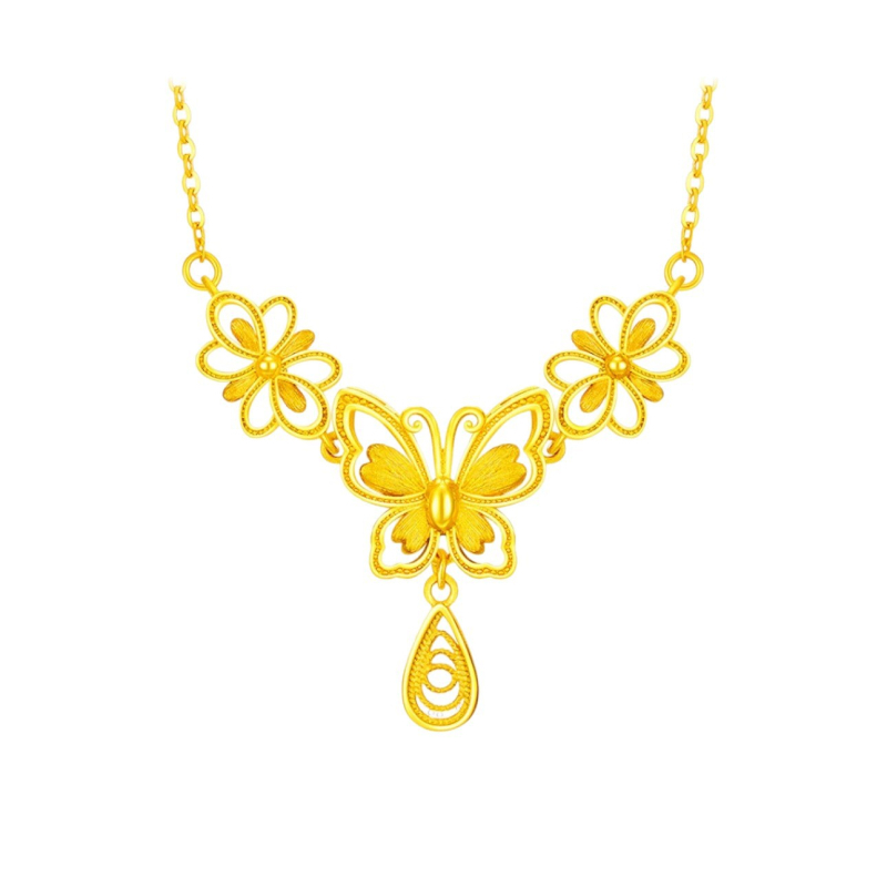 Pillangó, virág és vízcsepp nyaklánc réz medállal, szabványos lánccal, körméret 51–60 cm, elektroplakálás