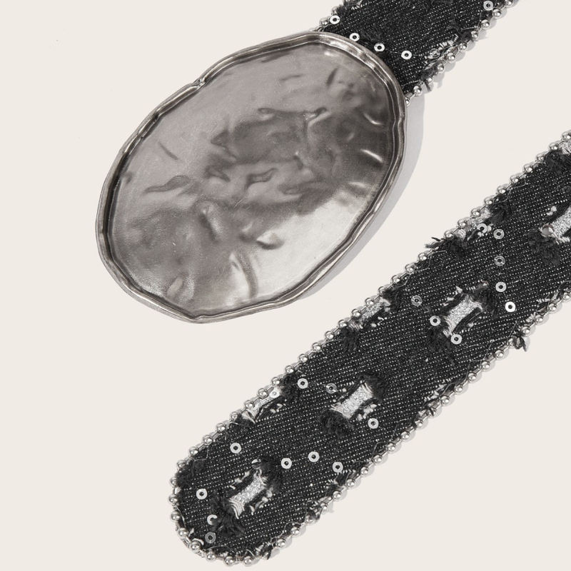 Női PU bőrből készült öv, vintage distressed denim dizájn, ötvözet csattal, tűcsattal záródó, 2024 tavasz