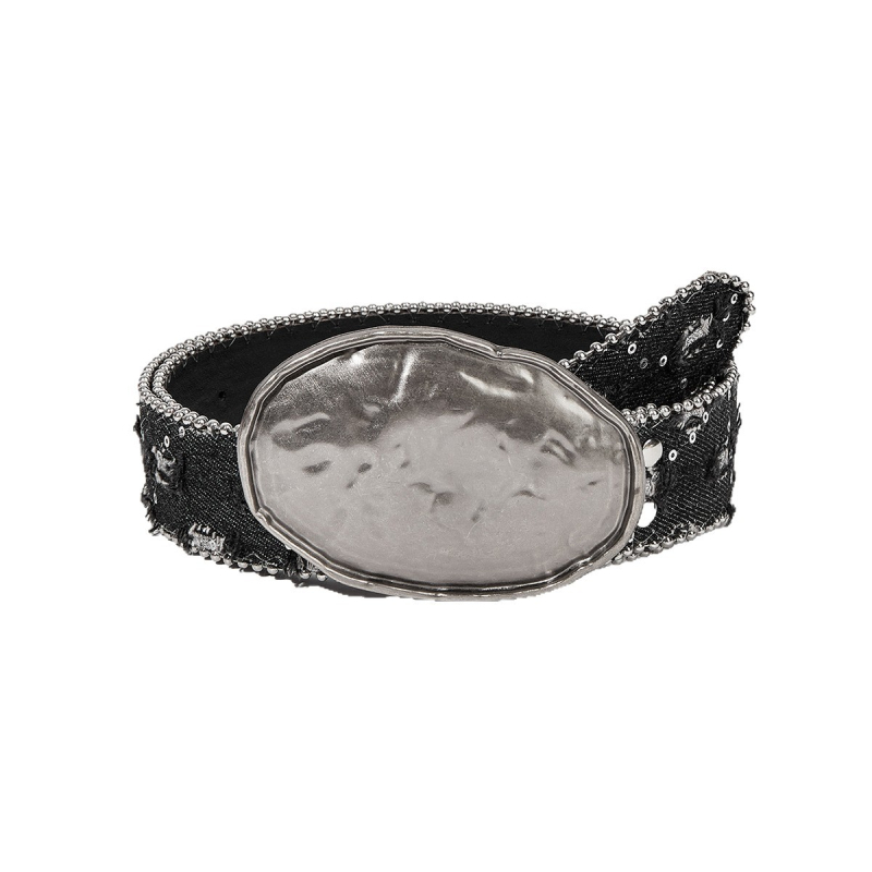 Női PU bőrből készült öv, vintage distressed denim dizájn, ötvözet csattal, tűcsattal záródó, 2024 tavasz