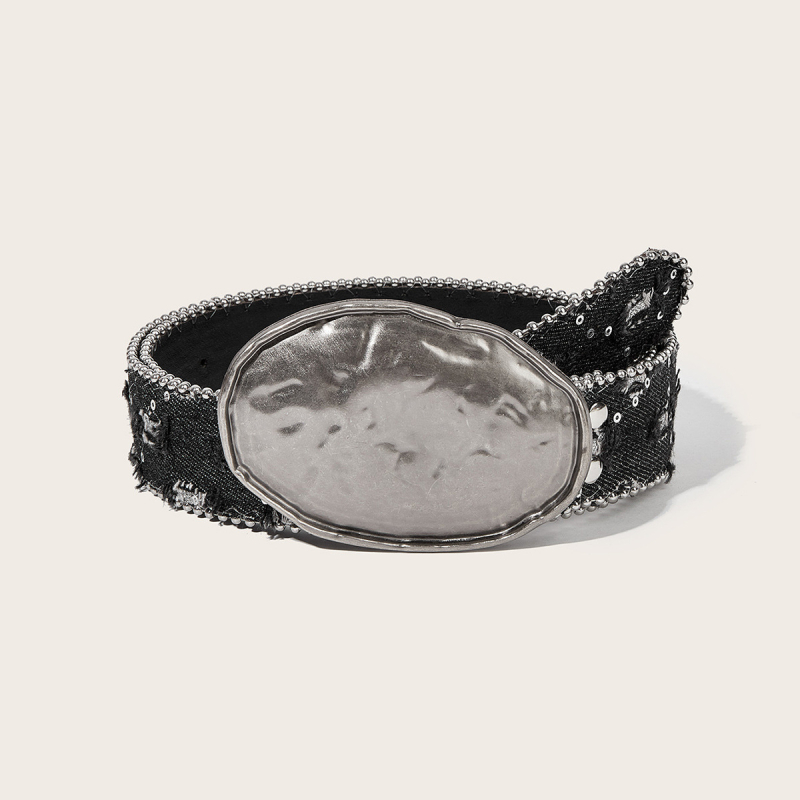 Női PU bőrből készült öv, vintage distressed denim dizájn, ötvözet csattal, tűcsattal záródó, 2024 tavasz