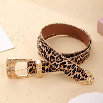PU bőr öv cink ötvözet csattal, tűcsattal, leopard mintás gyöngyös élével, 2025 tél