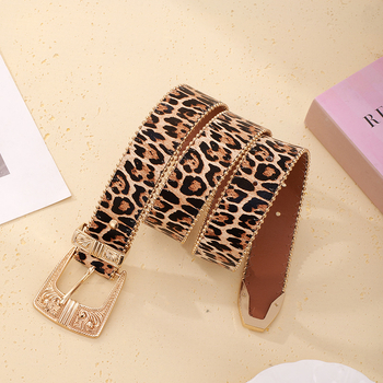 PU bőr öv cink ötvözet csattal, tűcsattal, leopard mintás gyöngyös élével, 2025 tél