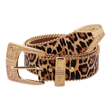 PU bőr öv cink ötvözet csattal, tűcsattal, leopard mintás gyöngyös élével, 2025 tél