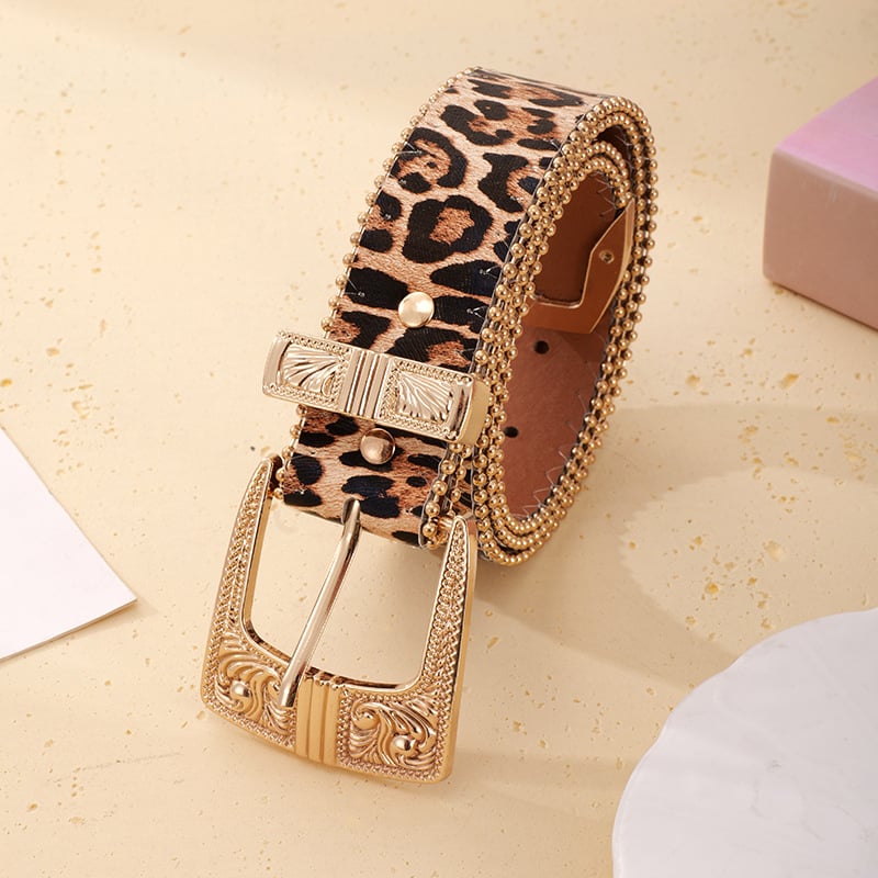 PU bőr öv cink ötvözet csattal, tűcsattal, leopard mintás gyöngyös élével, 2025 tél