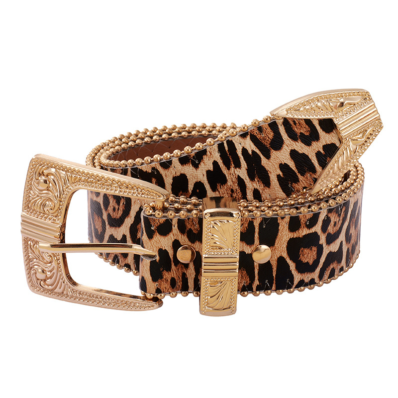 PU bőr öv cink ötvözet csattal, tűcsattal, leopard mintás gyöngyös élével, 2025 tél