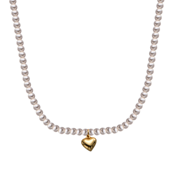 Colier din argint 925 cu pandantiv inimă mică, lanț cu perle, design geometric, stil franțuzesc retro, finisaj electroplacat