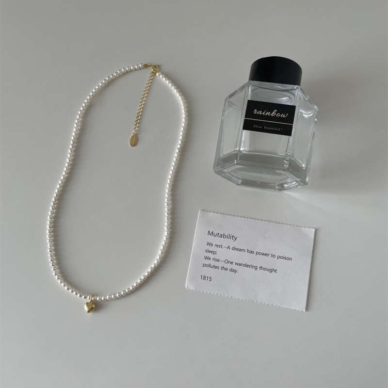 Colier din argint 925 cu pandantiv inimă mică, lanț cu perle, design geometric, stil franțuzesc retro, finisaj electroplacat