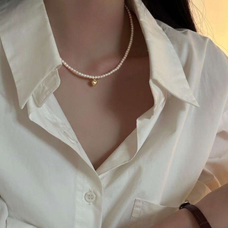 Colier din argint 925 cu pandantiv inimă mică, lanț cu perle, design geometric, stil franțuzesc retro, finisaj electroplacat