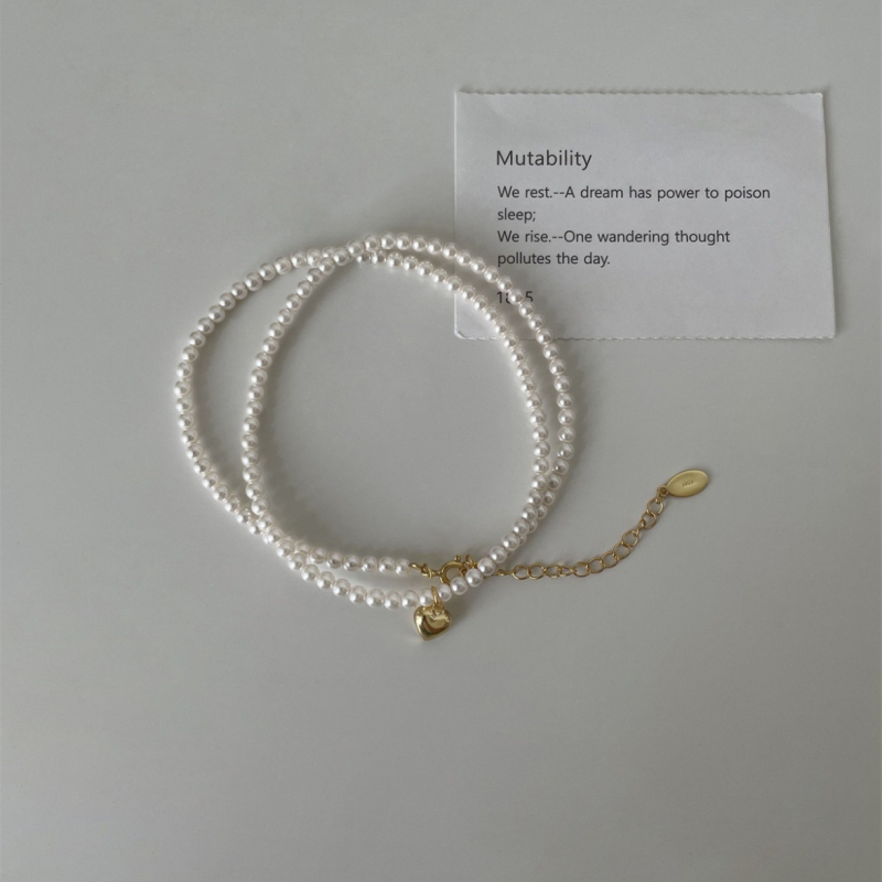 Colier din argint 925 cu pandantiv inimă mică, lanț cu perle, design geometric, stil franțuzesc retro, finisaj electroplacat