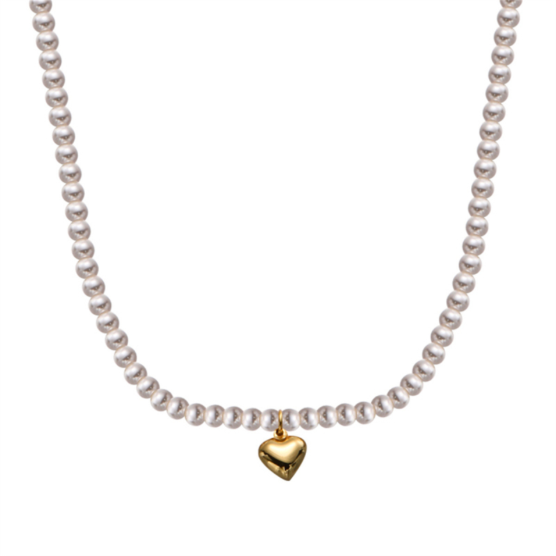 Colier din argint 925 cu pandantiv inimă mică, lanț cu perle, design geometric, stil franțuzesc retro, finisaj electroplacat